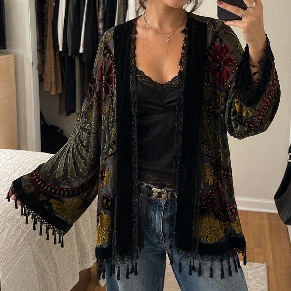 Silk Velvet Burnout Kimono XL Black Floral Fringed Beaded witchy dark romantic